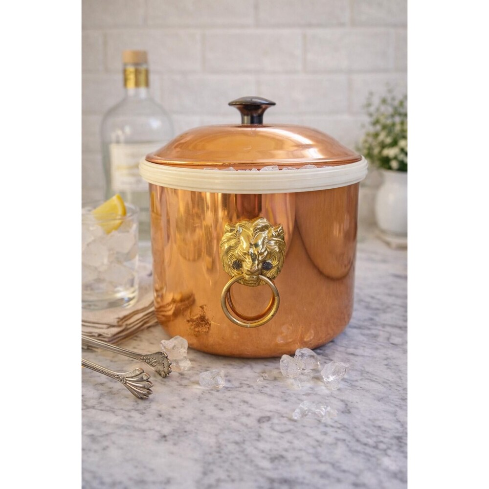 Vintage Copper & Brass Ice Bucket Lion Head Motif Storage Container Bar Accessor